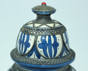 Moroccan Ceramic Vase from Fez Blue and White with Silver Filigree
