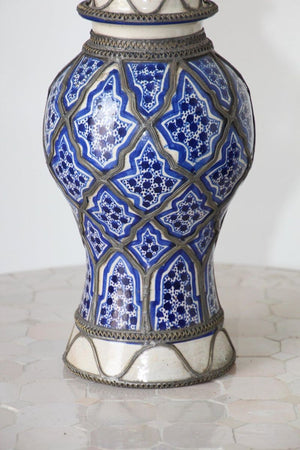 Antique Moroccan Ceramic Candlestick from Fez with Silver Filigree