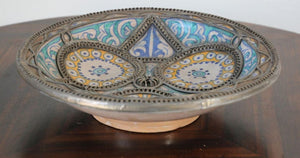 Antique Moroccan Ceramic Bowl Adorned with Moorish Silver Filigree from Fez