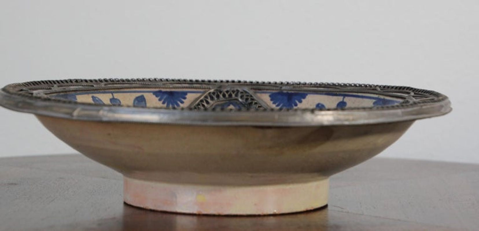 Moroccan Ceramic Blue Bowl Adorned with Silver Filigree from Fez Antique 1920s