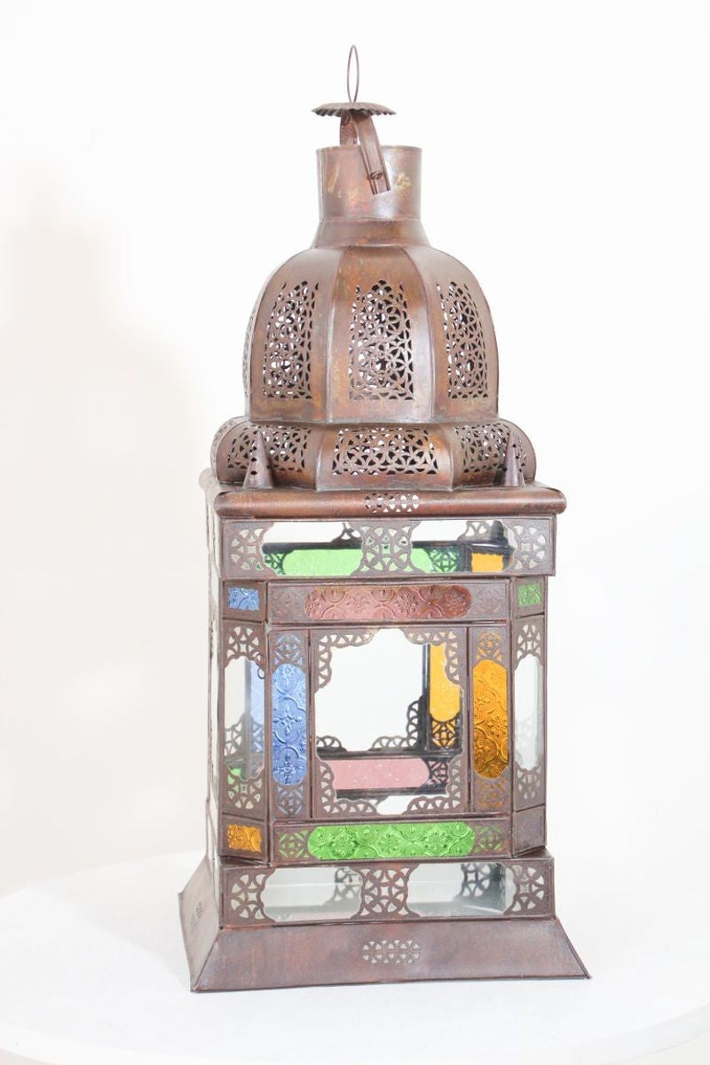 Moroccan Metal Lantern with Multicolor Glass