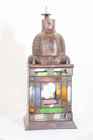 Moroccan Moorish Metal Lantern with Multicolor Glass