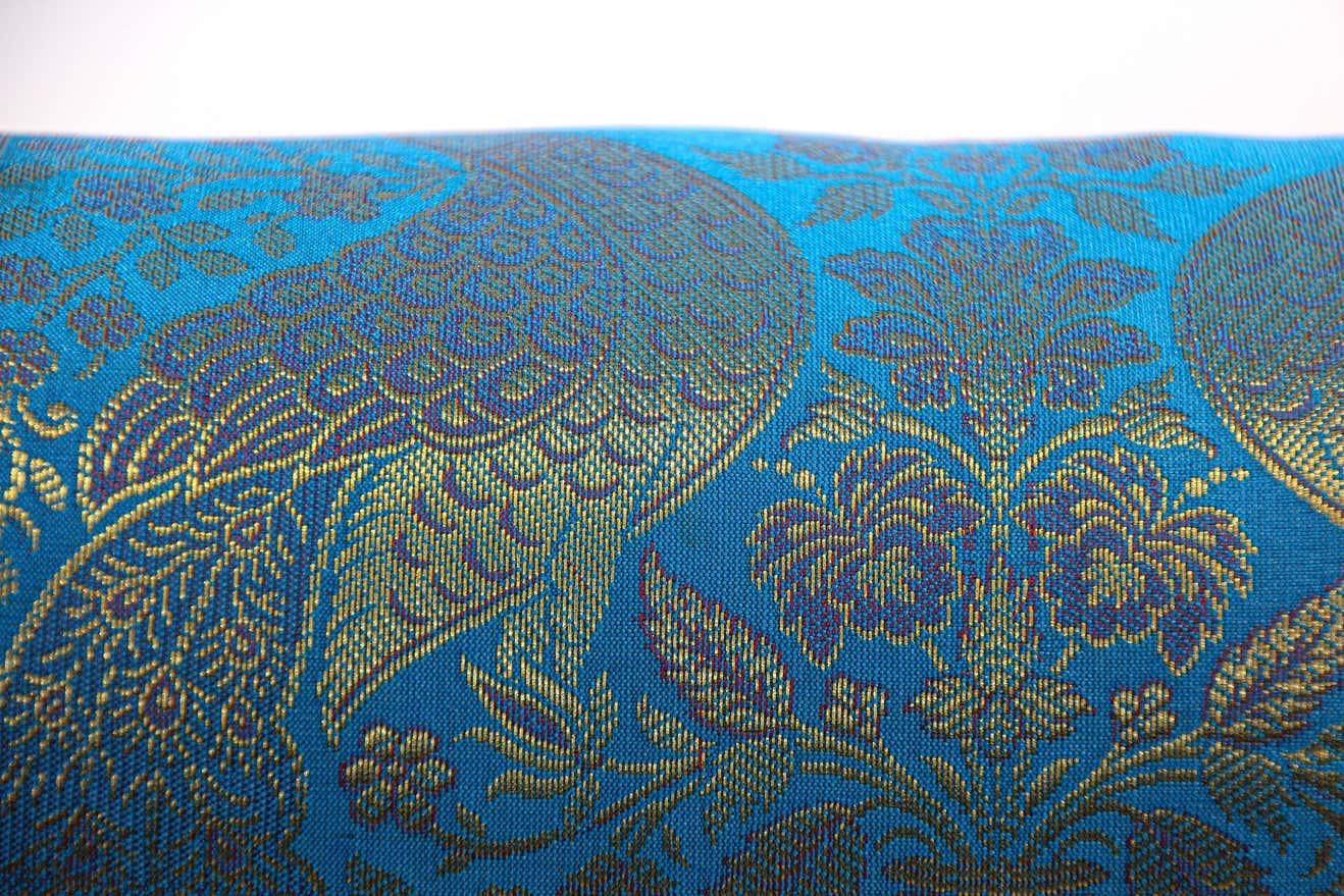 Bolster Pillows Turquoise Blue and Gold Colors with Peacock - A Pair