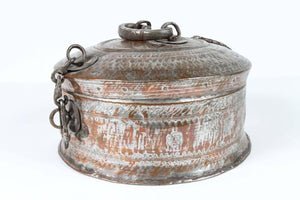Large Decorative Asian Round Copper Bronze Box with Lid