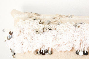 Vintage Moroccan White Pillow with Silver Sequins and Long Fringes