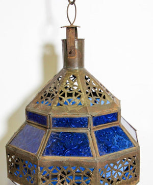 Handcrafted Moroccan Blue Glass Lantern Metal Octagonal Diamond Shape
