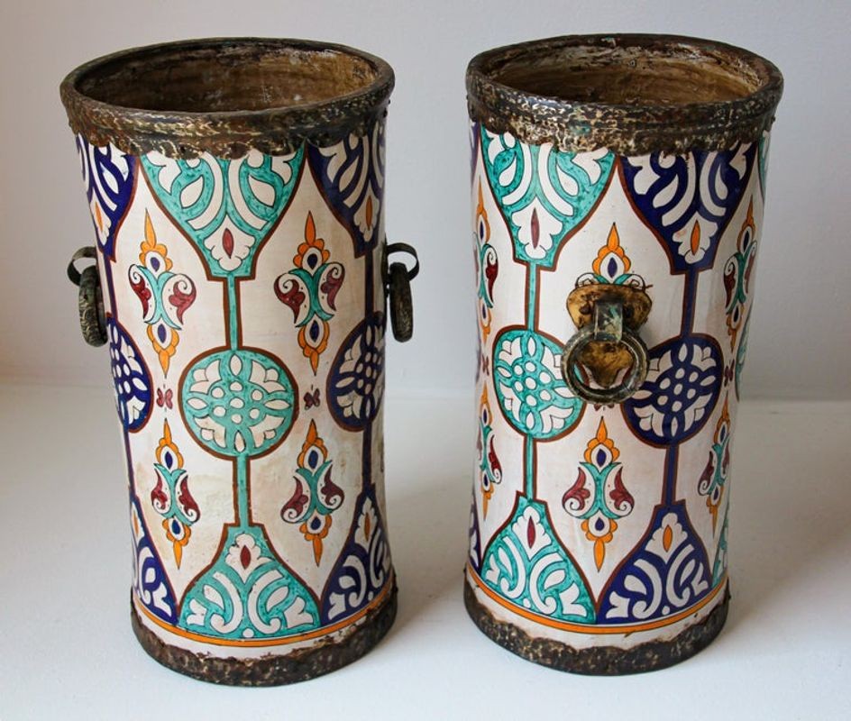 Handcrafted Moorish Ceramic Urns with Metal Handles, 20th Century
