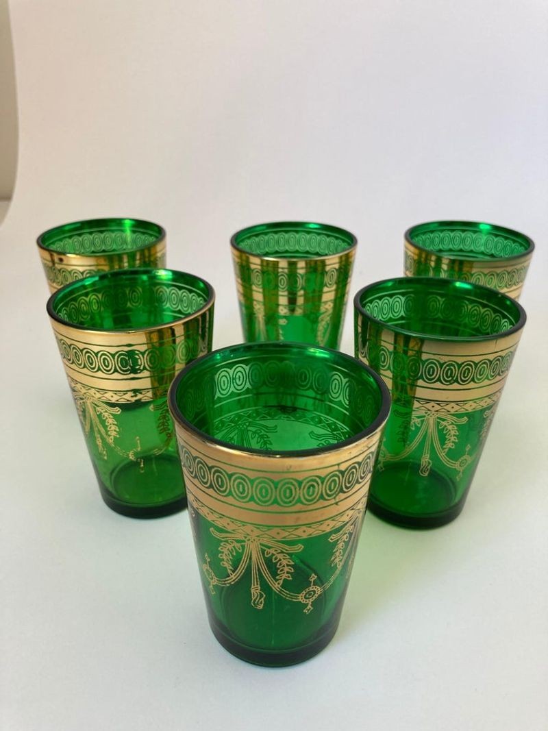 Set of Six Handblown Moroccan Moorish Green and Gold Glasses