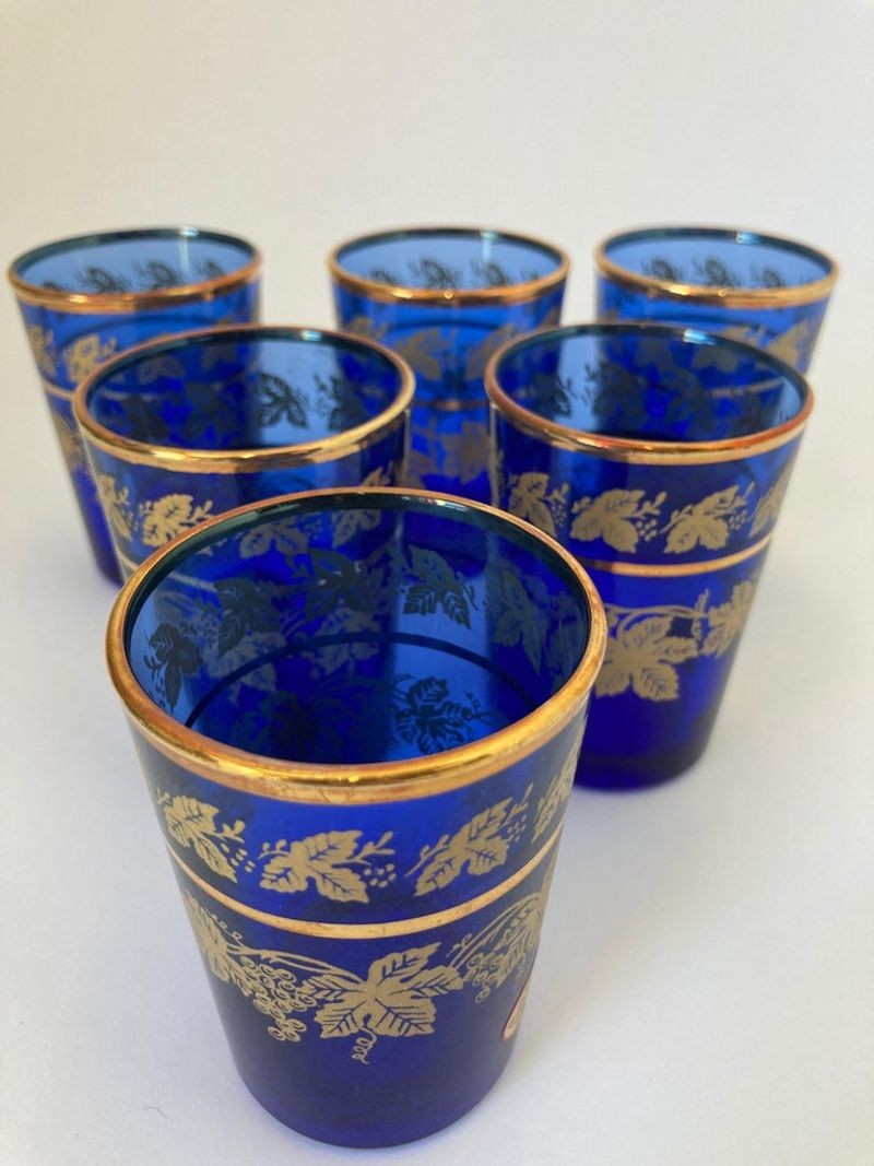 Set of Six Handblown Moorish Blue and Gold Glasses