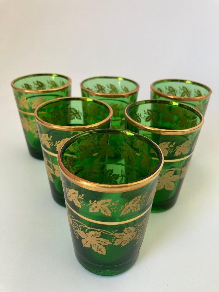 Set of Six Handblown Italian Moorish Green with Gold Shot Glasses