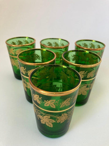 Set of Six Handblown Italian Moorish Green with Gold Shot Glasses