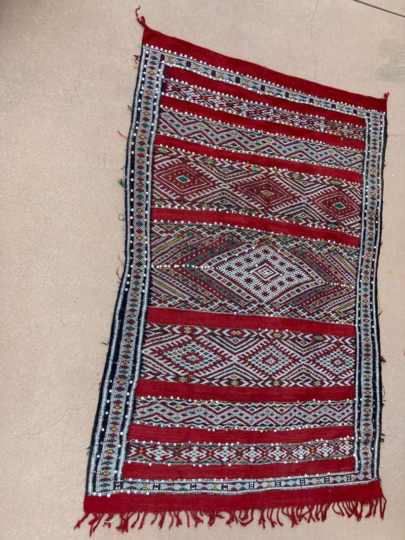 1960s Authentic Moroccan Ethnic Rug with Sequins North Africa, Handira