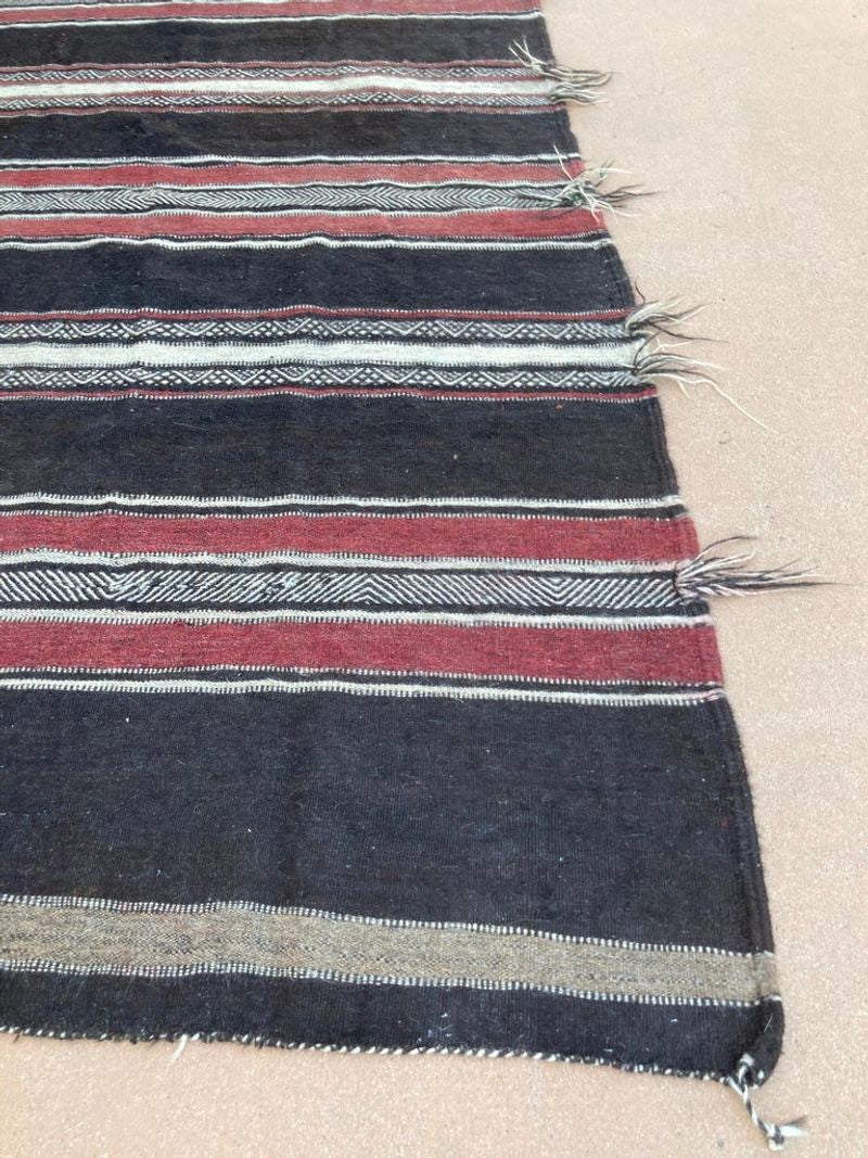 Moroccan Vintage Flat-Weave Black Camel Hair Tribal Rug