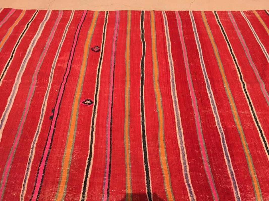 Vintage Moroccan Berber Kilim Rug in Burgundy, Pink and Orange Stripes, 1960s