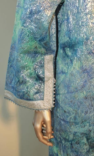 Moroccan Moorish Caftan Maxi Dress Brocade Aquamarine Blue and Silver Size M L