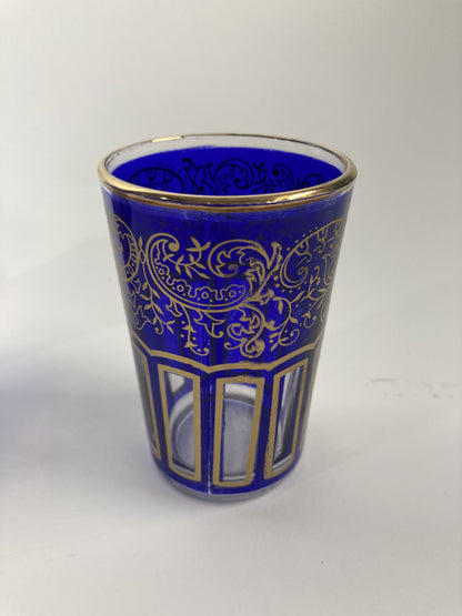 Moroccan Royal Blue Shot Glasses Set of Six, Gold Moorish Design, 1980