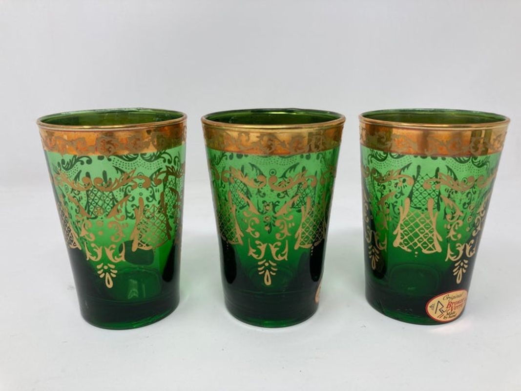Set of Six Handblown Moorish Green and Gold Tea Glasses