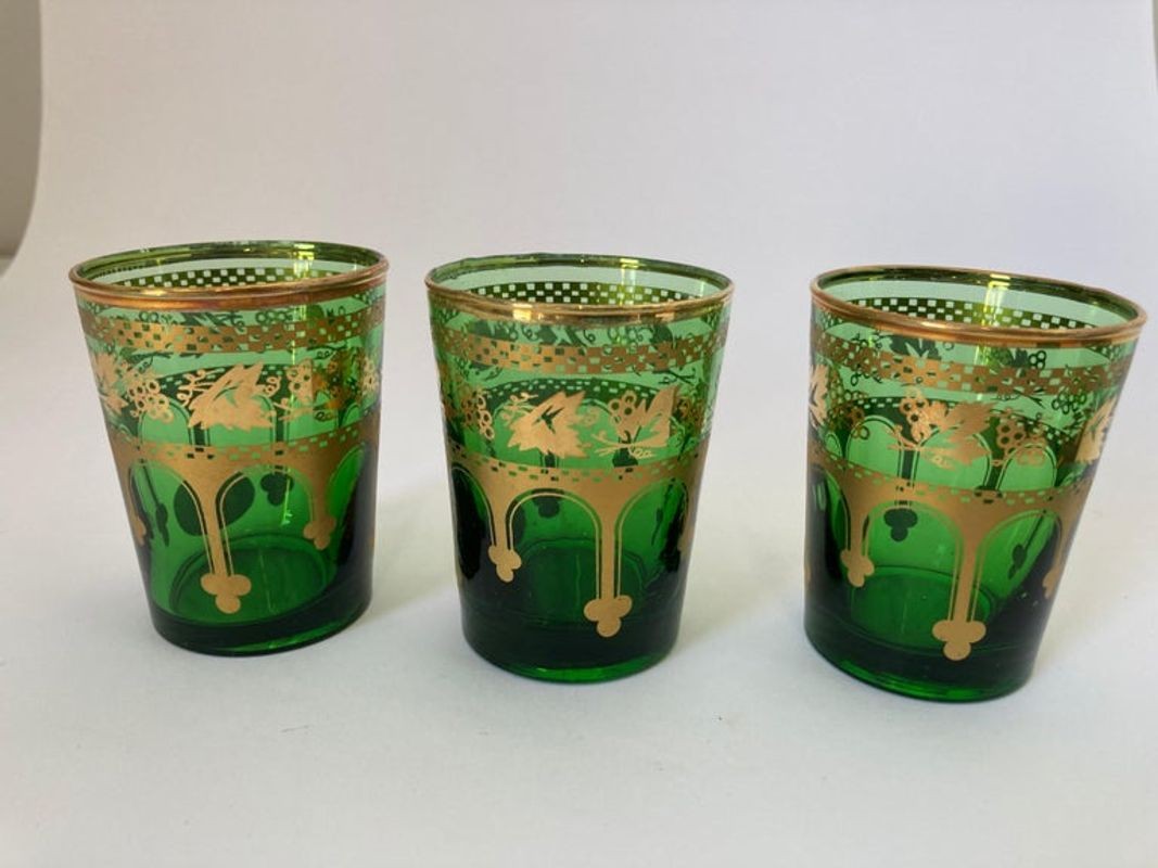 Set of Six Handblown Moroccan Green and Gold Glasses