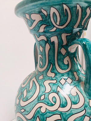 Large Moroccan Glazed Ceramic Vase With Arabic Calligraphy Turquoise Writing Fez