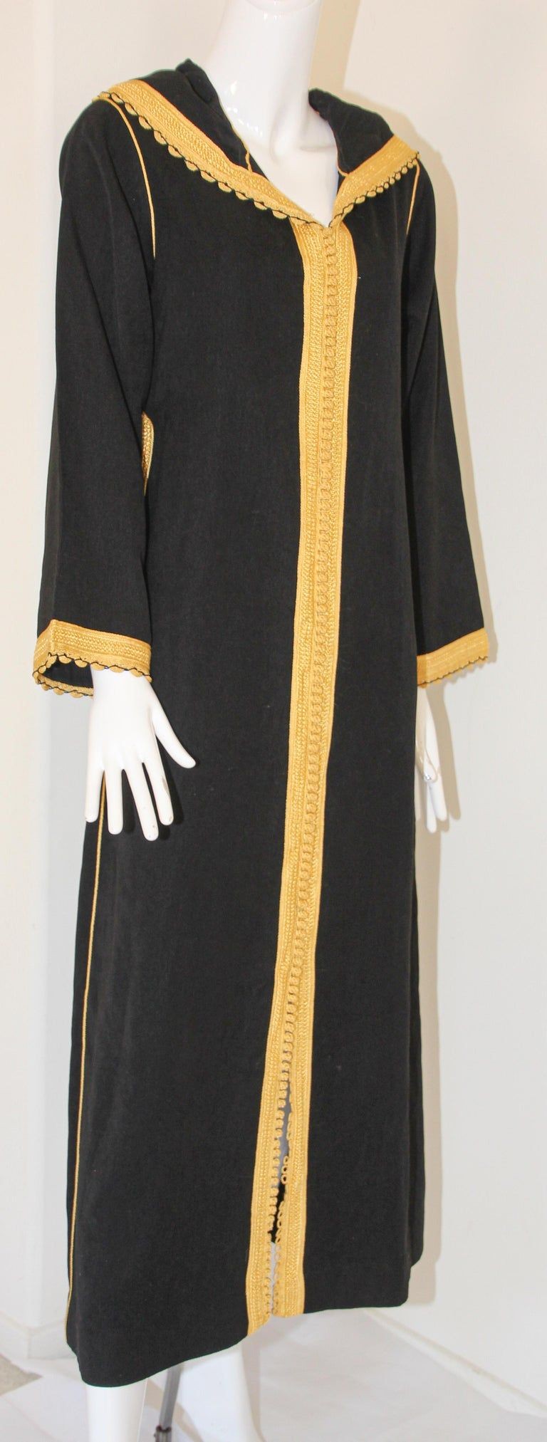 Vintage Moroccan Caftan, Hooded Black and Gold Trim Kaftan Circa 1970's
