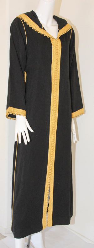 Vintage Moroccan Caftan, Hooded Black and Gold Trim Kaftan Circa 1970's