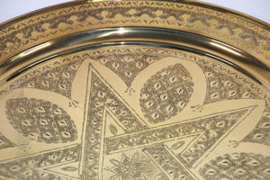Antique Moroccan Brass Tray Star Etched Collectible Polished Platter 22.5 in. D.