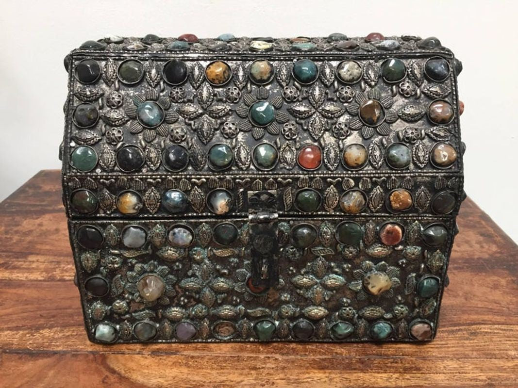 Large Moroccan Wedding Silvered Jewelry Box Inlaid with Semi-Precious Stones
