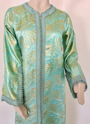 Moroccan Kaftan in Aqua and Gold Floral Brocade Metallic Lame