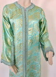Moroccan Kaftan in Aqua and Gold Floral Brocade Metallic Lame