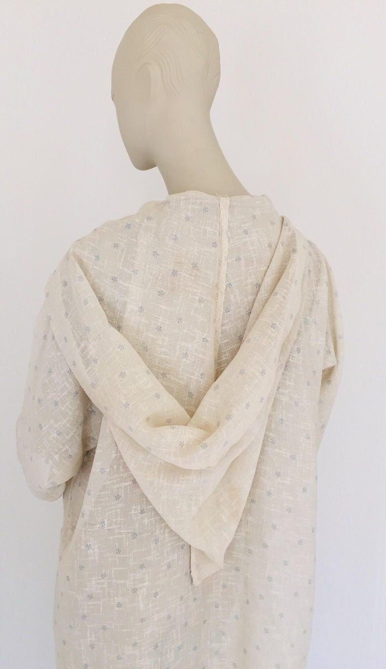 1970 Moroccan Hooded Caftan White and Blue Linen Djellabah Kaftan