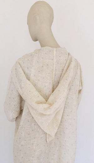 1970 Moroccan Hooded Caftan White and Blue Linen Djellabah Kaftan