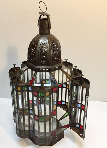 Moorish Glass Lantern, Handcrafted Metal & Glass, Morocco