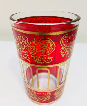 Set of Six Ruby Red Glasses with Gold Raised Moorish Frieze Design