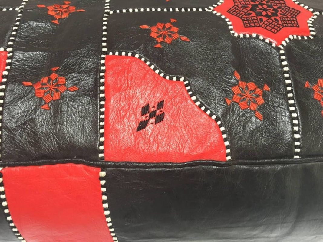 Vintage Moroccan Leather Rectangular Pouf in Red and Black