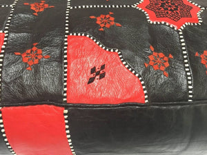 Vintage Moroccan Leather Rectangular Pouf in Red and Black