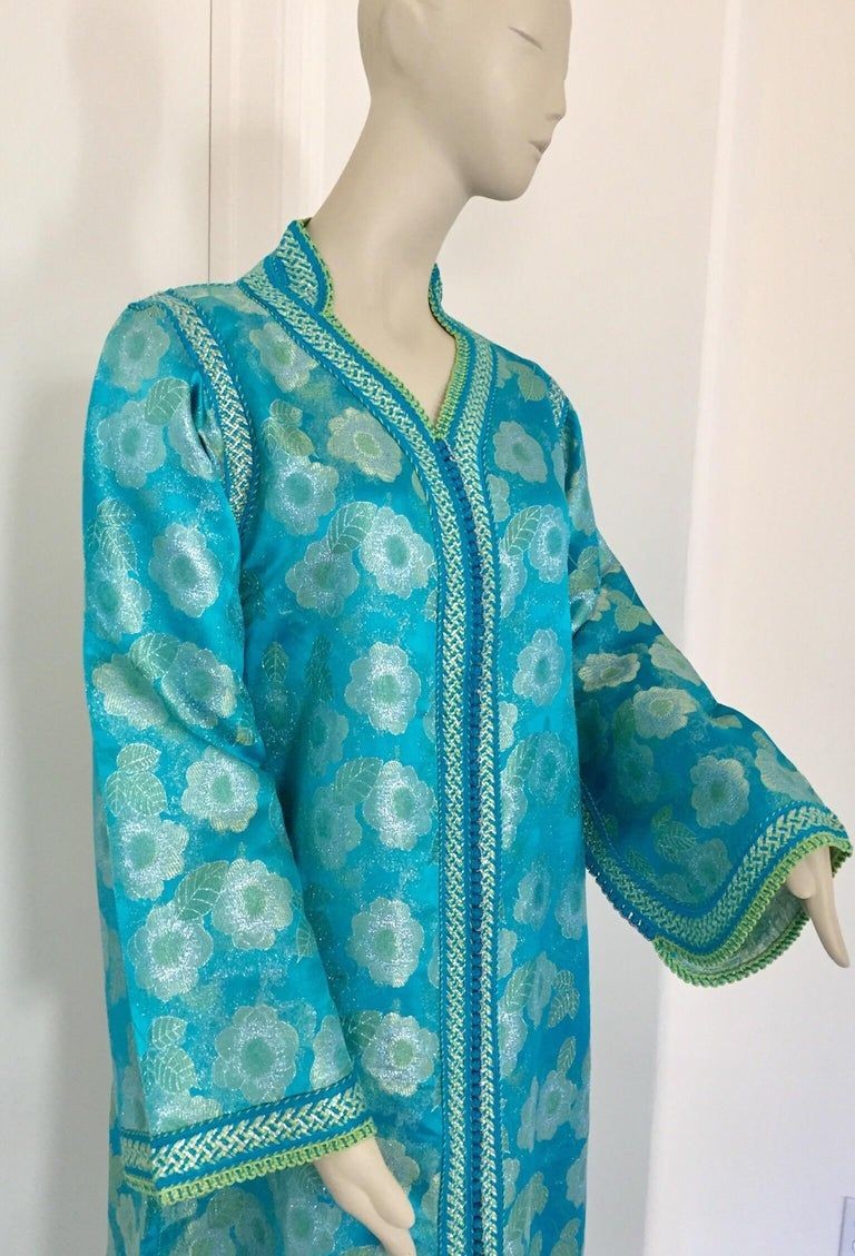Moroccan Kaftan in Turquoise and Gold Floral Brocade Metallic Lame