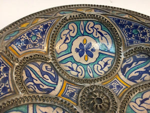Moroccan Ceramic Plate Adorned with Silver Filigree from Fez