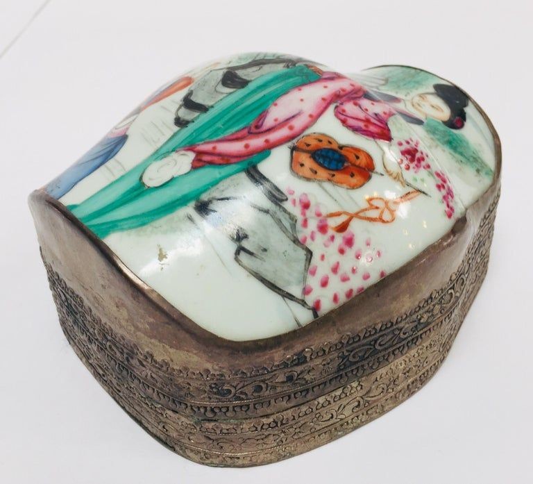 Vintage Trinket Metal Box with Porcelain Top Hand Painted Asian Scene