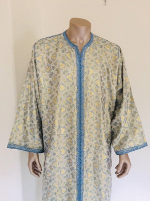 Metallic Blue and Silver Brocade 1970s Maxi Dress Caftan, Evening Gown Kaftan