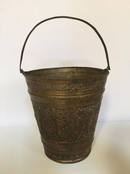 Handcrafted Copper Vessel Bucket with Floral Design, India