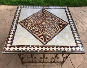 Moroccan Mosaic Tile Side table on Iron Base, Brown and White