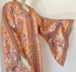 Moroccan Kaftan Orange and Purple Floral with Gold Embroidered Maxi Dress Caftan