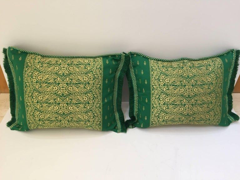 Large Pair of Moroccan Damask Green Bolster Lumbar Decorative