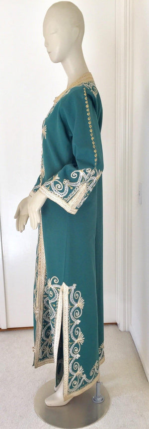 Vintage Moroccan Caftan Emerald Green Maxi Dress, circa 1970 Size M