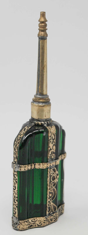 Moorish Emerald Green Glass Perfume Bottle Sprinkler with Embossed Metal Overlay