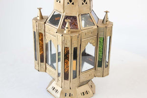 Moroccan Candle Lantern in Moorish Gilt Metal and Glass