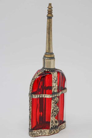 Moroccan Red Glass Perfume Bottle Sprinkler with Embossed Metal Overlay