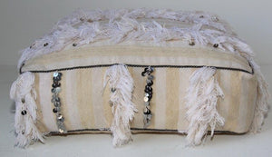 Moroccan White Floor Pillow with Silver Sequins and Long Fringes