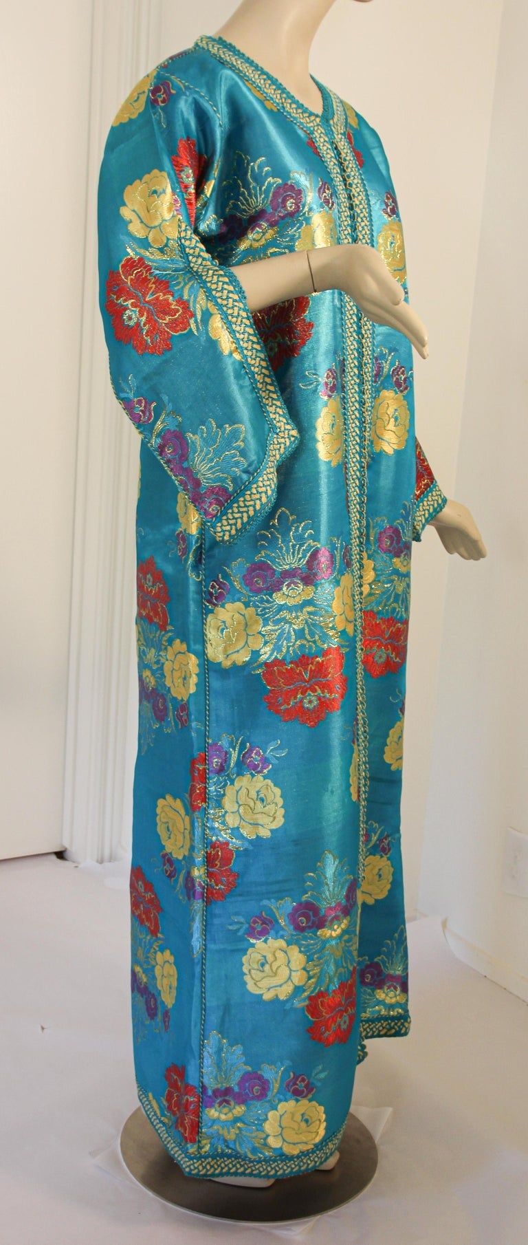 Elegant Moroccan Caftan in Blue Metallic Floral Brocade