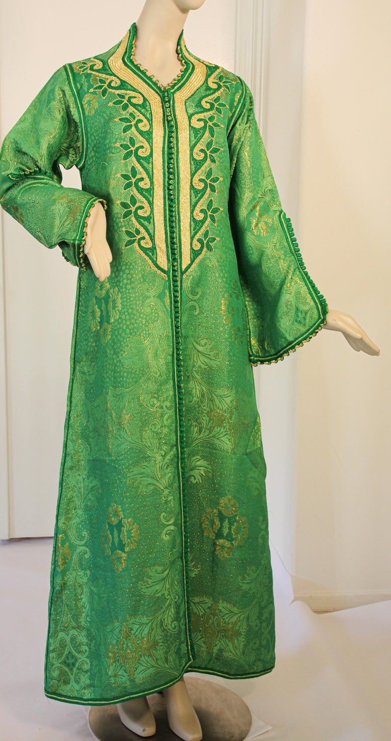 Elegant Moroccan Caftan Emerald Green and Gold Metallic Brocade